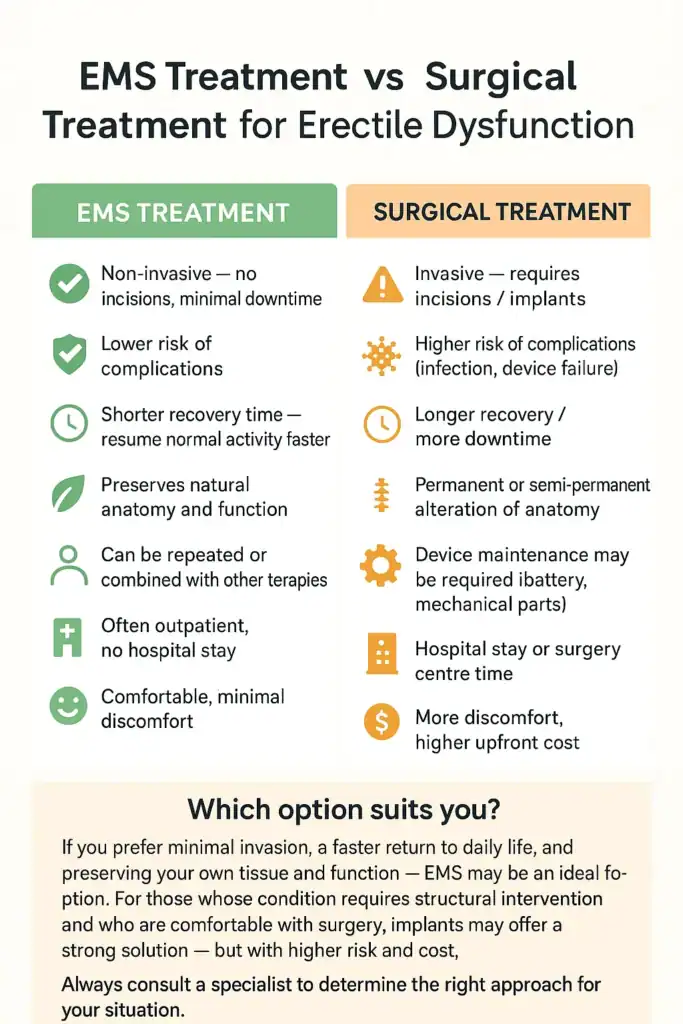 A table showing the benefits of EMS chair for erectile dysfunction treatment Leeds compared to surgery.